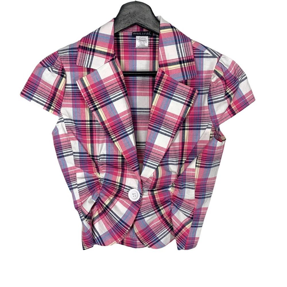 Vintage Y2K Wet Seal Pink Plaid Short Sleeve Short Waist Blazer Small